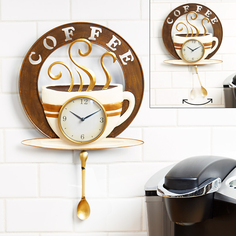 Coffee Cup Wall Clock Swinging Pendulum Spoon Designer Cafe Kitchen