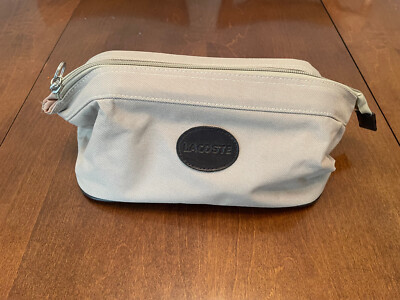 Lacoste Toiletry Cosmetics Bag Full Zip Tan Beige inner zipper/pocket great cond