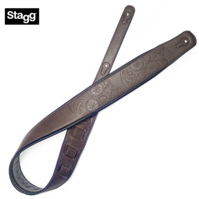 Stagg SPFL 30 MEX DBRW Padded Leather Style Mexican Skull Guitar Strap DarkBrown