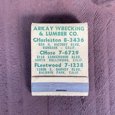Arkay Wrecking And Lumber Souther California Vintage Collectible Matchbook