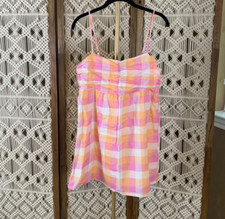 Charlie Holiday Linen Cotton Mini Dress Womens Size 6 Pink plaid Adjust Straps