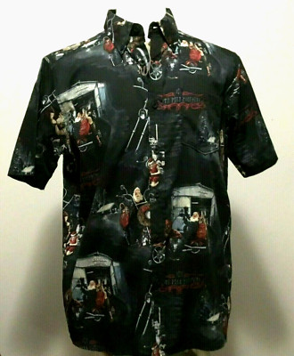 Clearwater Christmas Santa Motorcycle  Sz M Black ButtonUp Pleated Back