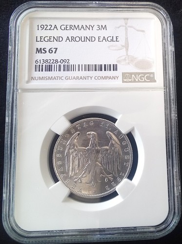 **MS67 RARE HIGH GRADE-2 higher** 1922 A Gemany 3 Mark km#29 - Aluminum Coin - Picture 2 of 4