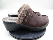 Crocs Slip On Fur Trim Clogs Womens 9 Brown Block Heel Comfort Chic Casual 11602