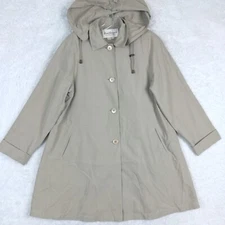 Vtg Norm Thompson Womens Coat Hooded Trench Beige Khaki Button Front Jacket S