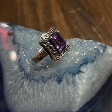 SLV Signed Emerald Cut "Amethyst" Solitaire Ring Sterling Silver Size 7