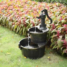 2-Tier Barrel Pump Fountain 27” Outdoor Waterfall ⛲ Garden Patio Decor Bronze