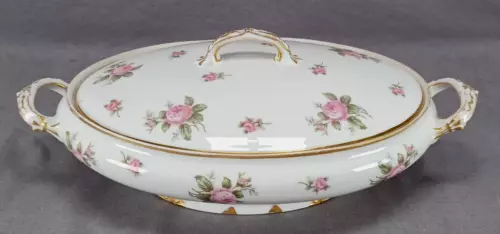 French Limoges Pink Roses & Gold Covered Vegetable Dish Bowl Circa 1900-1941