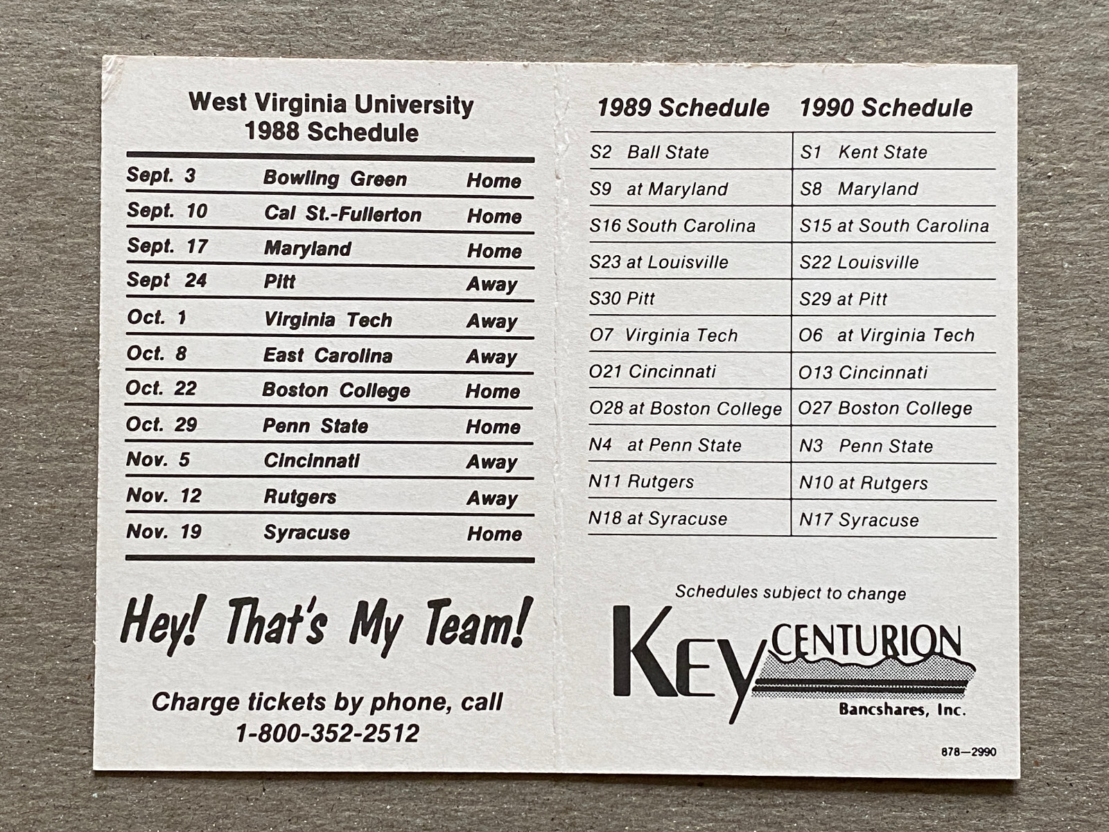 CFB 1988 WEST VIRGINIA MOUNTAINEERS WVU Football Schedule QB MAJOR