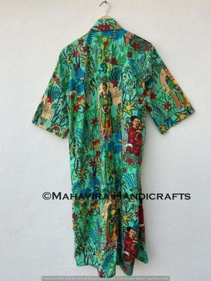Women 100% Cotton Floral Print Green Lingerie Night Gown Sleepwear Kimono