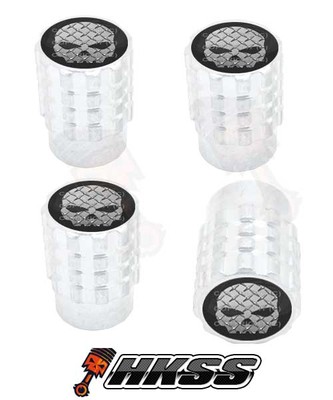 4 Aluminum Tire Valve Stem Caps – Silver With Red Skull Design – Universal – Hogking Speed Shop