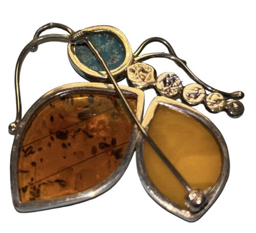 Sterling Silver Amber Turquoise Butterfly Brooch Pin - Picture 2 of 3