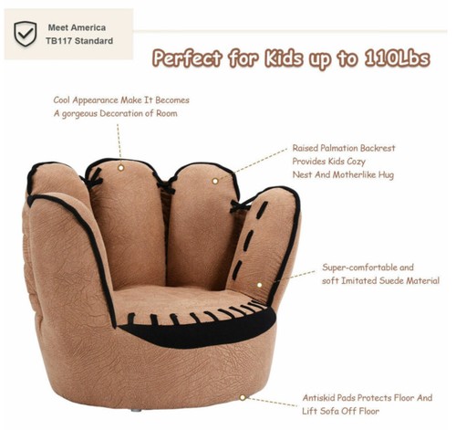 Toddler Lounge Chair Baseball Glove Shaped Kids Leisure Upholstered Sofa Brown - Picture 6 of 10