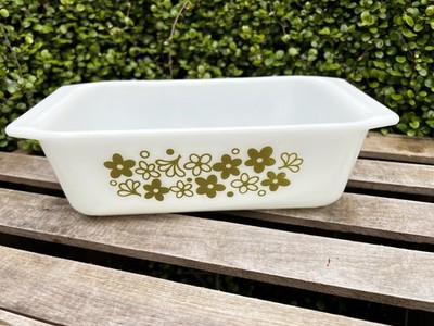 VTG PYREX #913 Spring Blossom Green Crazy Daisy Bread Loaf Pan 8 1/2 x4 1/2  USA