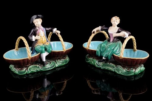 Antique Minton Majolica Figural Pair Sweetmeat baskets dishes c1831 - Picture 1 of 10