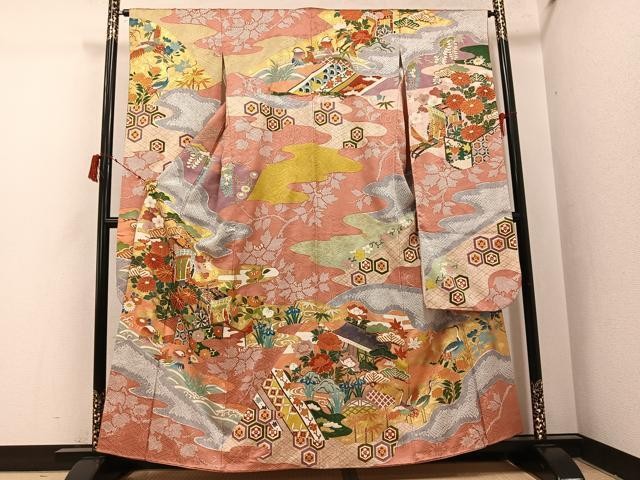 Heiwaya Kimono Long-Sleeved Shibori Crane Imperial Silk Elegant Traditional