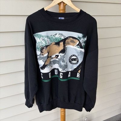 Vintage Cougar Sweatshirt Men's Size 2XL Black Crewneck 1990 National Geographic
