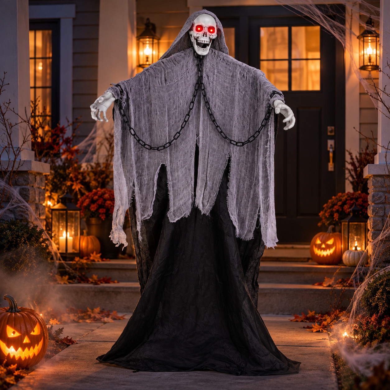 6Ft Halloween Animatronic Grim Reaper with LED Eyes Creepy Sounds Outdoor Decor