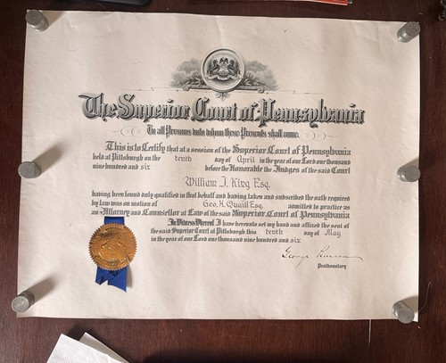 Antique Law School Ephemera Univ Rhode Island Diploma Pennsylvania Bar Equire