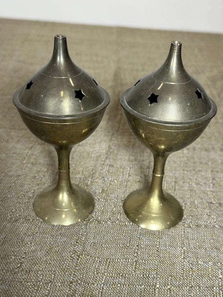 Quemadores de incienso santuario de latón vintage de la India juego de (2) 5,5" Foto 3 de 4
