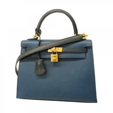 Auth [5ga0654-g-b-h] HERMES Handbag Kelly 25 Tricolor Epsom Black Bleu de Pl...
