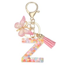 Alphabet Initial Letter Keychain Cute Charm with Tassel Butterfly Letter Z Pink