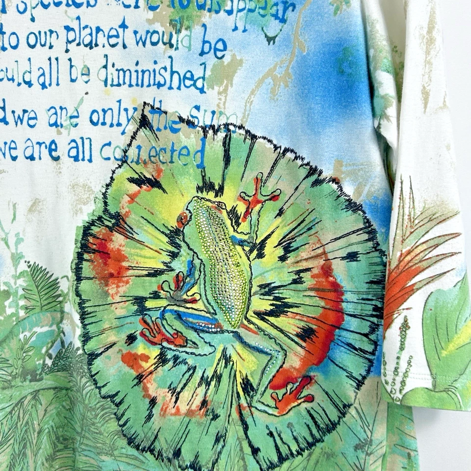 Top Chico's cuello en V talla 2 grande algodón rana selva tropical preservación del medio ambiente Foto 2 de 4