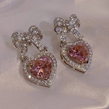 Exquisite Pink Heart Bowknot Stud Earrings for Women   Shining CZ Zircon Jewelry