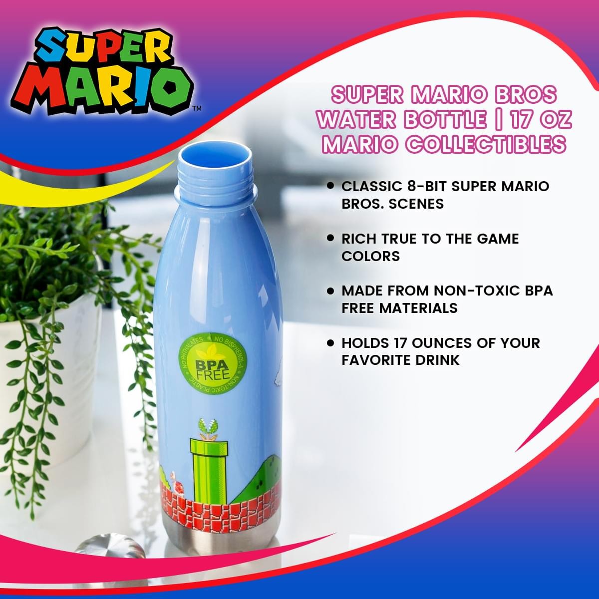 Super Mario Bros Water Bottle |  17 oz | Mario Collectibles
