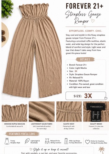 Forever 21+ Strapless Gauze Smocked Ruffle Romper Light Mocha 3X