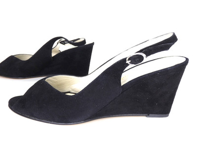 Russell Bromley Keilsandalen schwarz Wildleder Slingback offene Zehenpartie Vintage Gr. UK 6,5