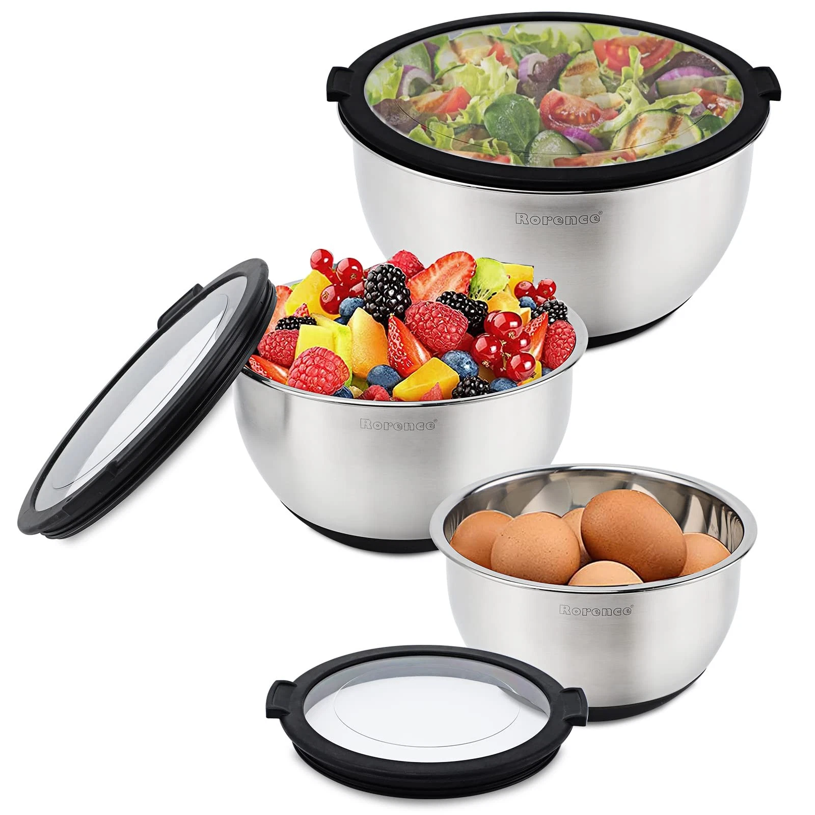 Mixing Bowls with Lids Set, Non Slip Silicone Bottom Stainless Steel Mixing K...