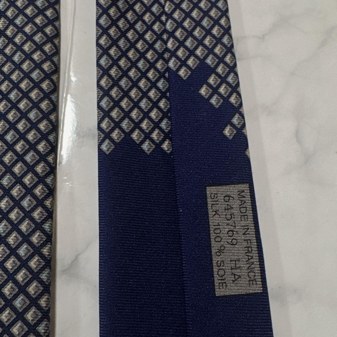 Hermes Necktie Navy Gray Square Pattern Near Used… - image 6