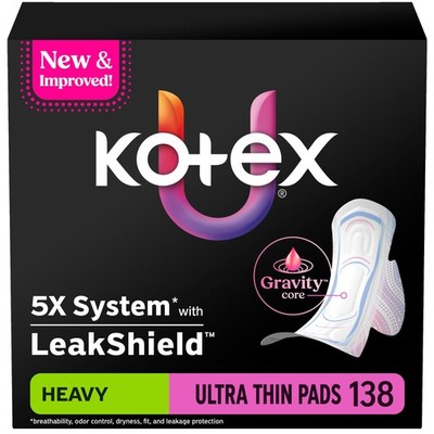 Kotex Ultra Thin Pads with Wings, Heavy Absorbency, 138 Count 3 Packs of 46Pa...
