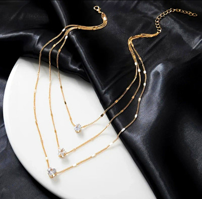Gold Tone Layered Cable Chain Necklace Star Charm, CZ Crystal, Lobster Adj