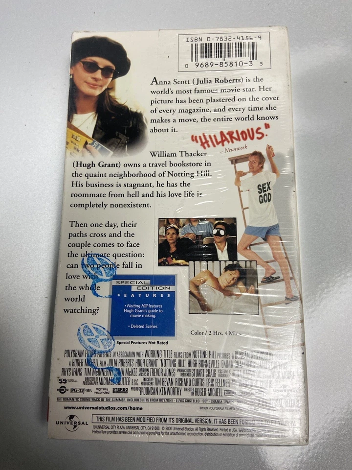 Noting Hill Julia Roberts Hugh Grant Factory Sealed VHS Cassette Tape MINT - Image 3 of 4