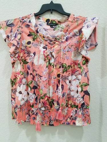INC INTERNATIONAL Peach Coral Floral Print Lace Up V Neck Blouse PLUS Size OX*