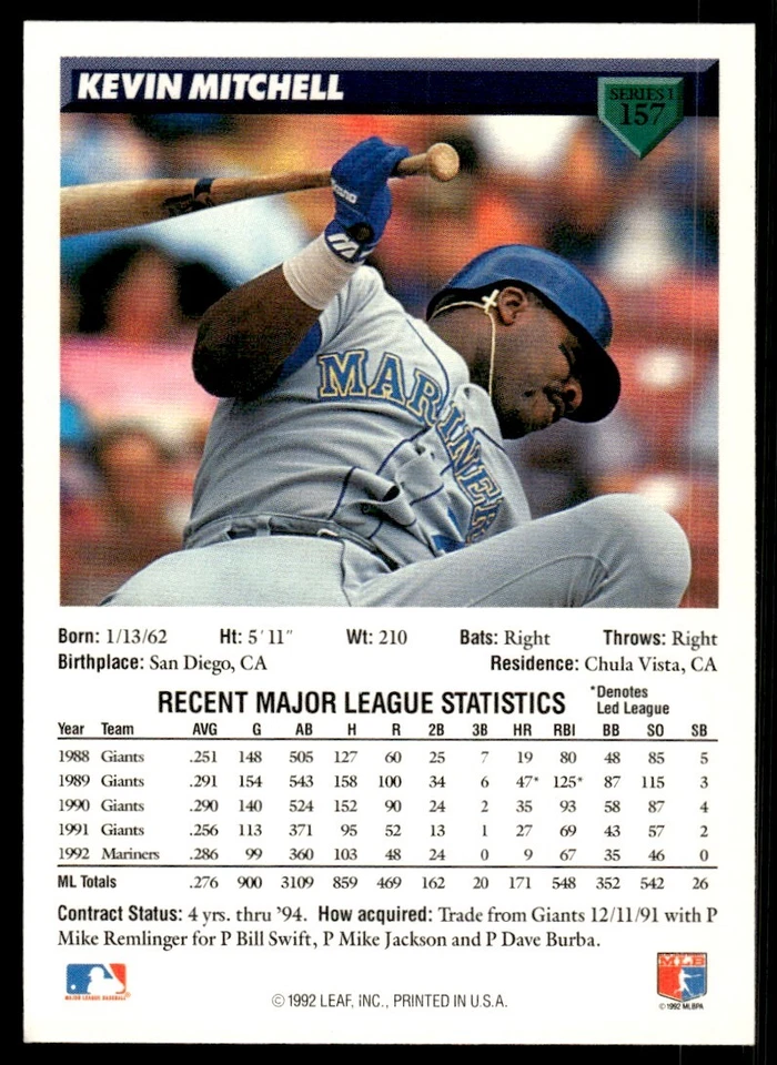 1993 Donruss Baseball Card Kevin Mitchell A Seattle Mariners #157 - Image 2 of 2