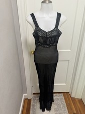 Vtg 1940s 30s Black Celanese Rayon Nightgown Sheer Chiffon Lace Long Slip Dress