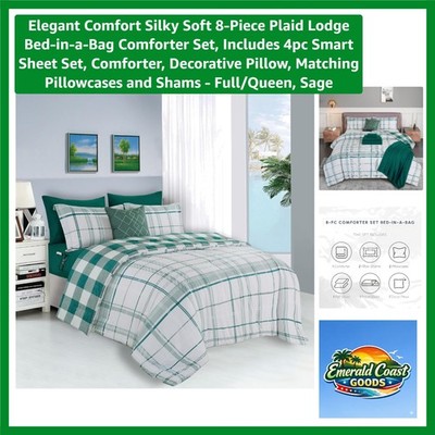 Elegant 8-Piece Plaid Lodge Comforter Set, Full/Queen - -Round Luxury