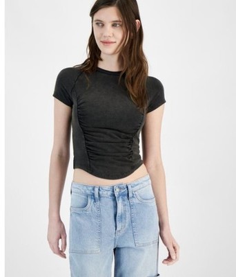 Just Polly Juniors Crewneck Ruched-Front Black M