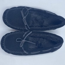 Women Black Genuine Suede Moccasin Slippers Shoes Faux Fur Lined Size 9