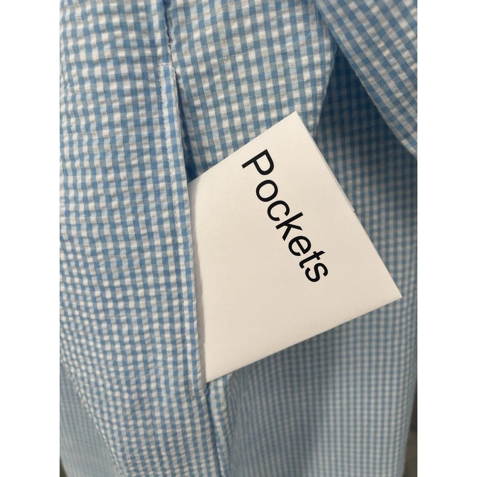 NUEVO CON ETIQUETAS Bata Miss Elaine Mujer Pequeña S Azul Guinga Seersucker Bolsillos con Cremallera Completa Foto 4 de 4