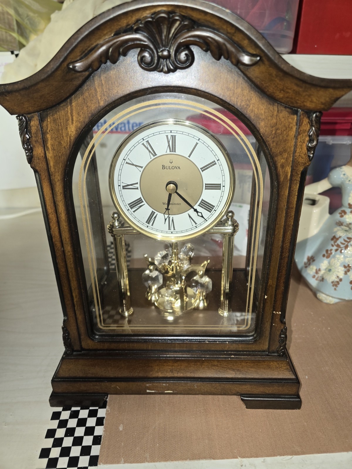 Bulova Westminster Mantel Clock For Parts Repair Wood Glass 