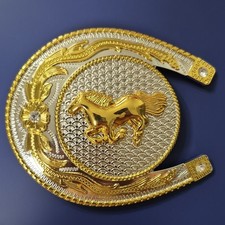 Western Americana Belt Buckle Gold Silver Horse Horseshoe Design