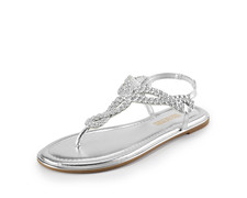 Women Summer Flat Sandals Comfortable T-Strap Thong Silver Walking Sandals