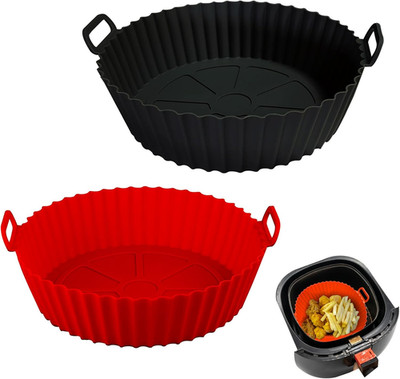 Air Fryer Silicone Liners 8 Inch Reusable Baking Pots 3-5 Qt Red Black 2PCS