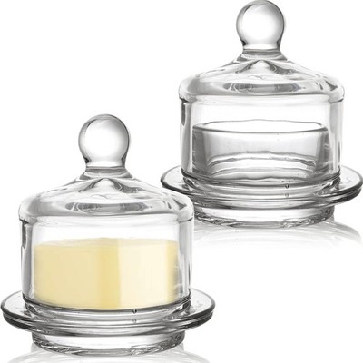 2 Pack Glass Butter Dishes Small Round Butter Keeper W/ Dome Lid & Handle Clear