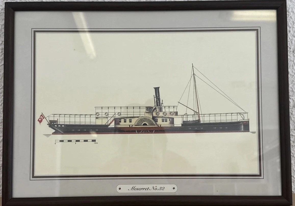 Cadre Gravure Vintage De Bateau Avec Drapeau Turc «  Meserret No.32 »