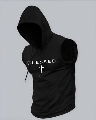 Blessed Sleeveless Hoodie Black Gym Muscle Hooded Shirt Medium